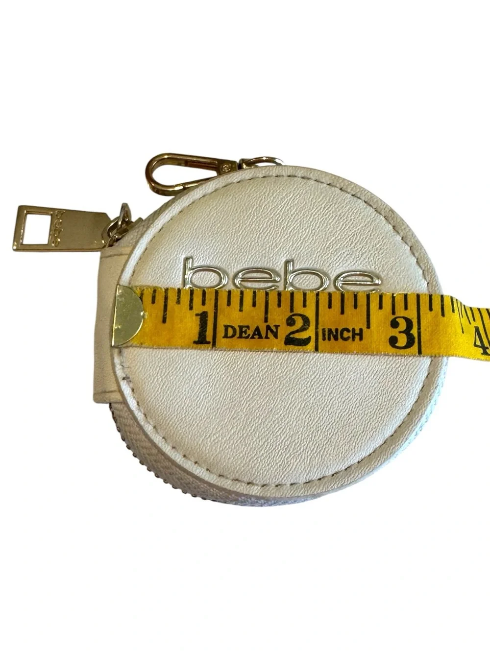 Bebe Round Coin Pouch Ivory Faux Leather Keychain Wallet with Gold Hardware
